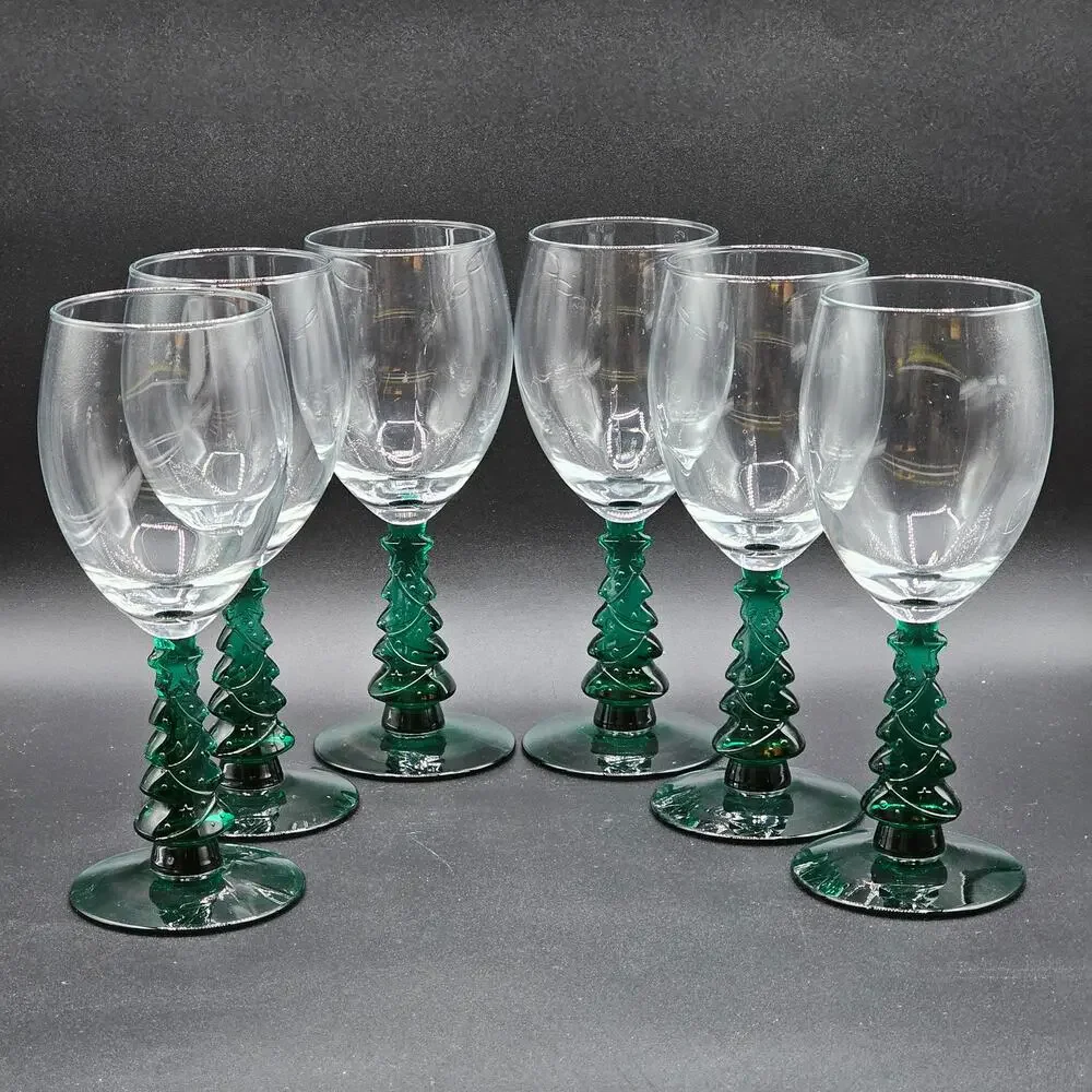 Libbey Green Christmas Tree Stem Wine Glasses Vintage Holiday Set
